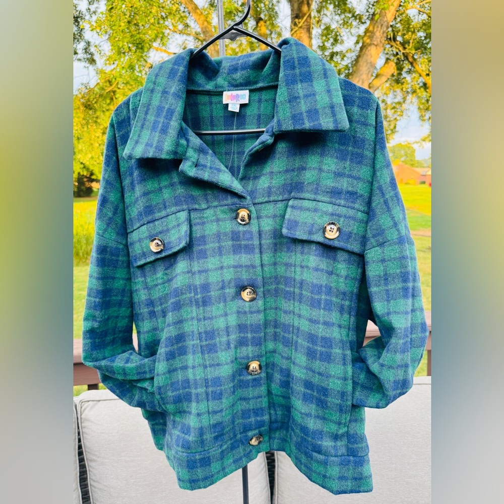 LuLaRoe Blue and Green Checkered (Berlin) Flannel Jacket